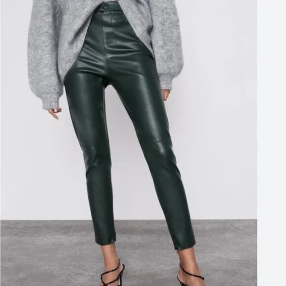 ZARA Hi-Rise Faux Leather Leggings Green Size M - Like New - Picture 1 of 10